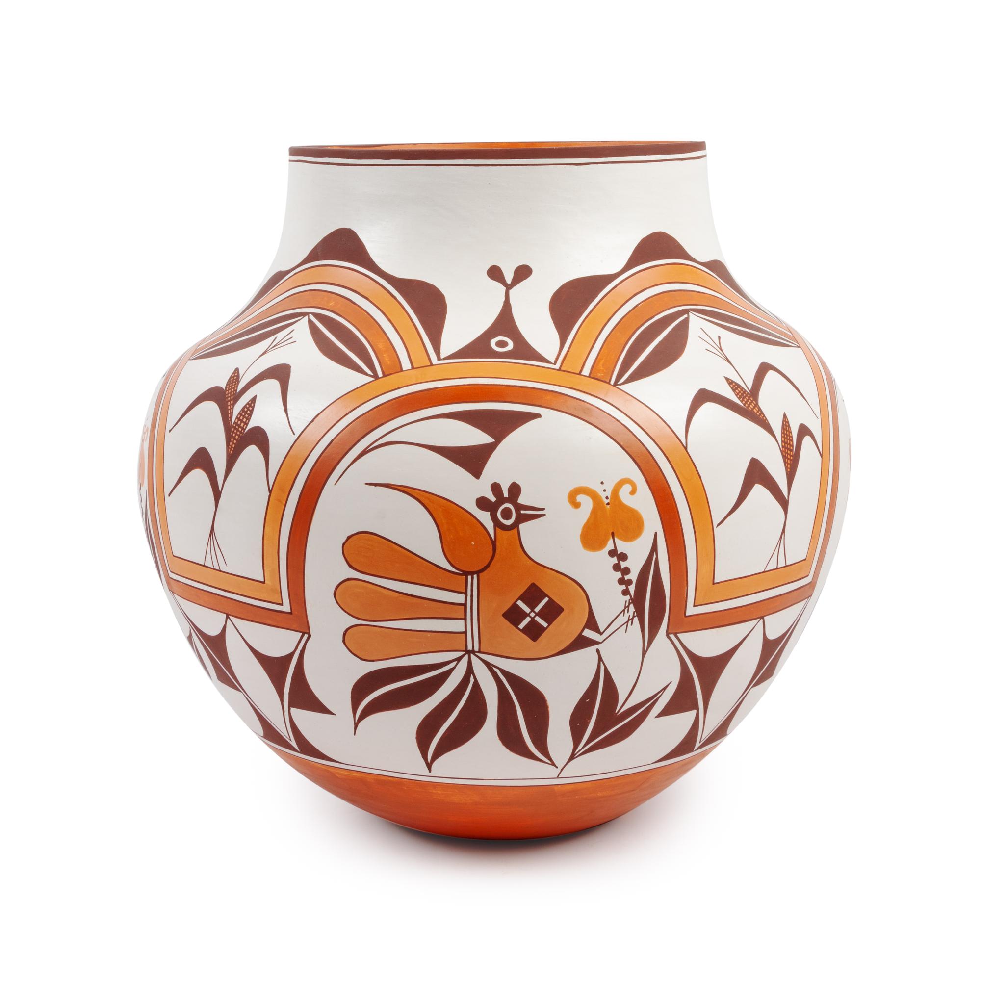 Four Color Polychrome Pottery Jar, with Parrots and Corn Stalks