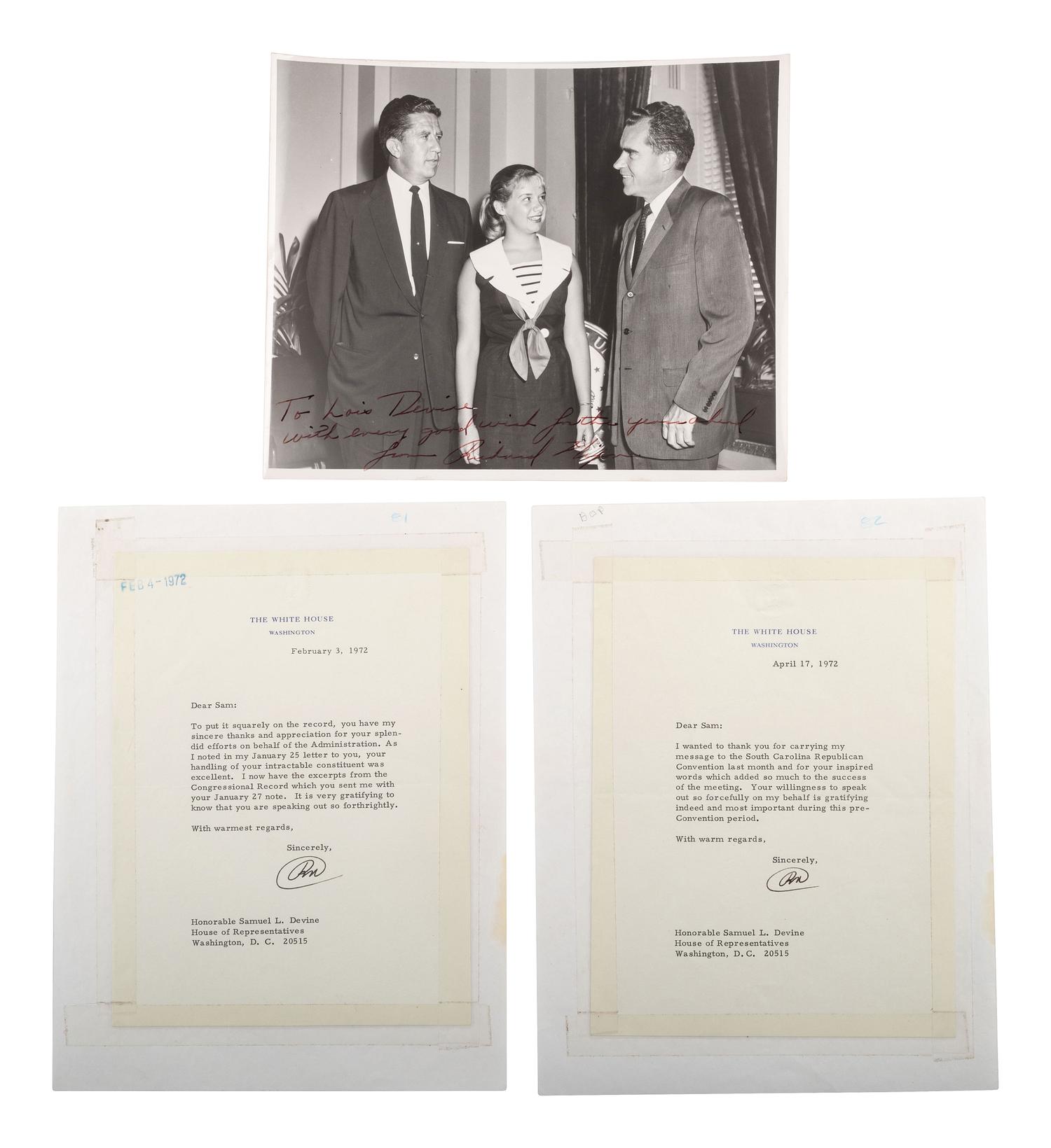 NIXON, Richard (1913-1994) 3 TLsS, with inscribed photograph, to Representative Samuel L. Devine.