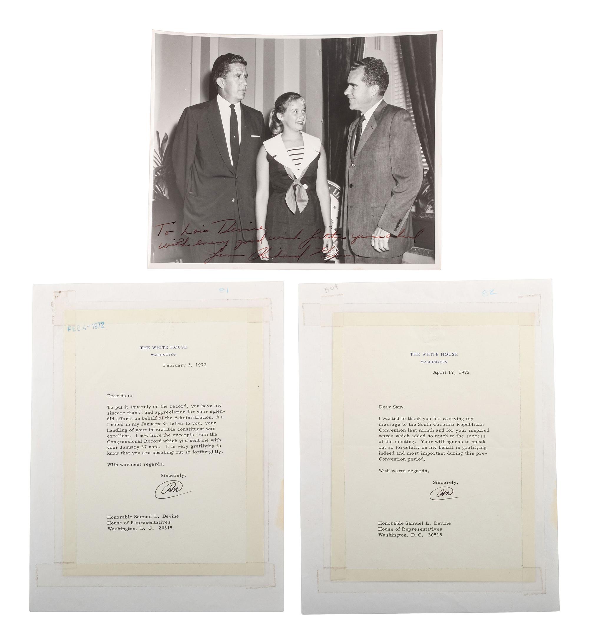 NIXON, Richard (1913-1994) 3 TLsS, with inscribed photograph, to Representative Samuel L. Devine.