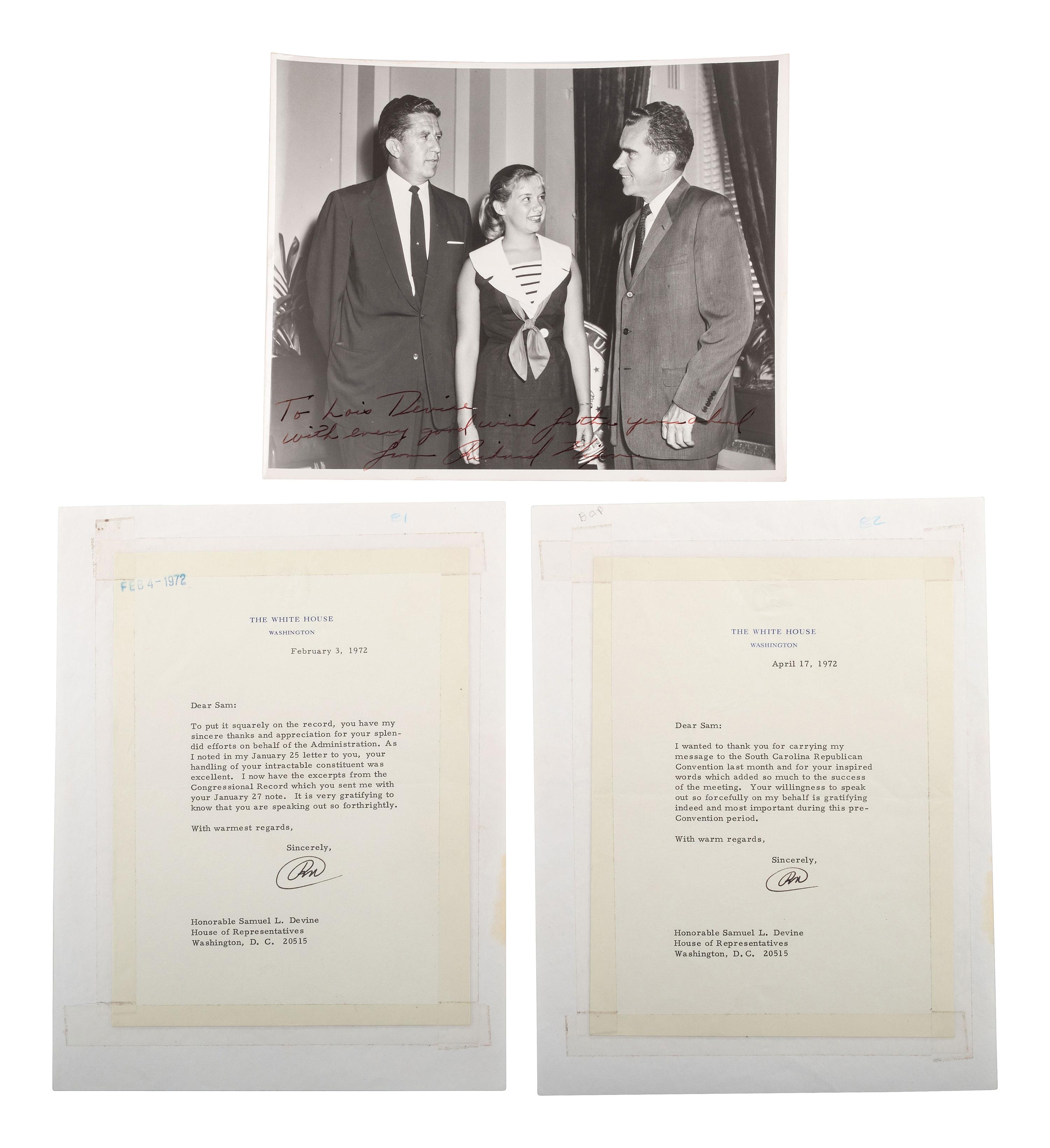 NIXON, Richard (1913-1994) 3 TLsS, with inscribed photograph, to Representative Samuel L. Devine.