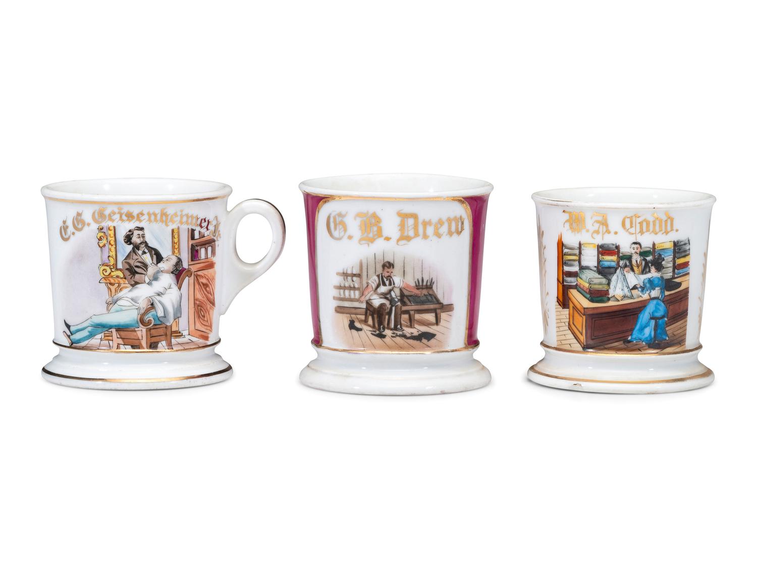 Three Tradesman's Porcelain Occupational Shaving Mugs