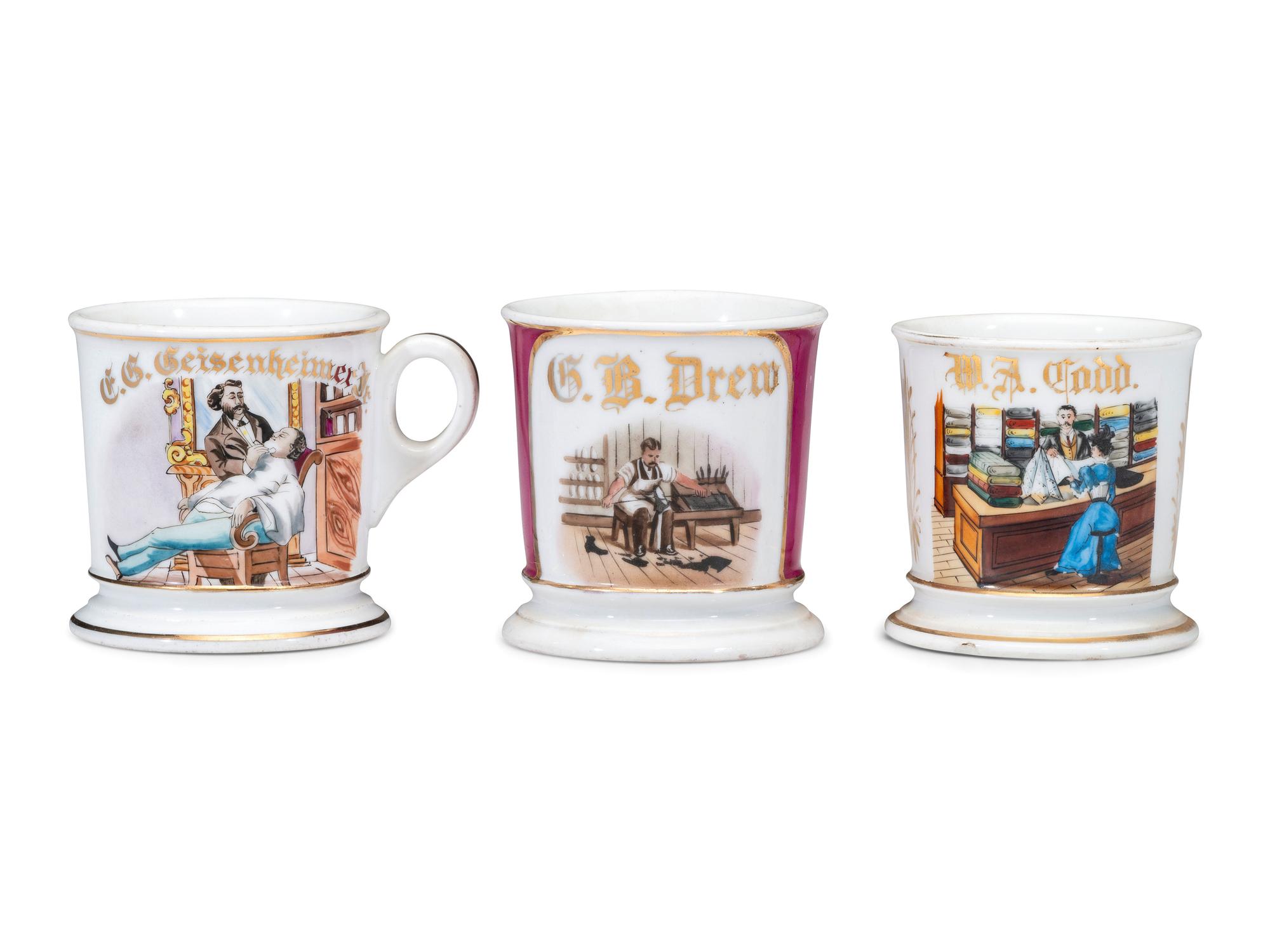 Three Tradesman's Porcelain Occupational Shaving Mugs