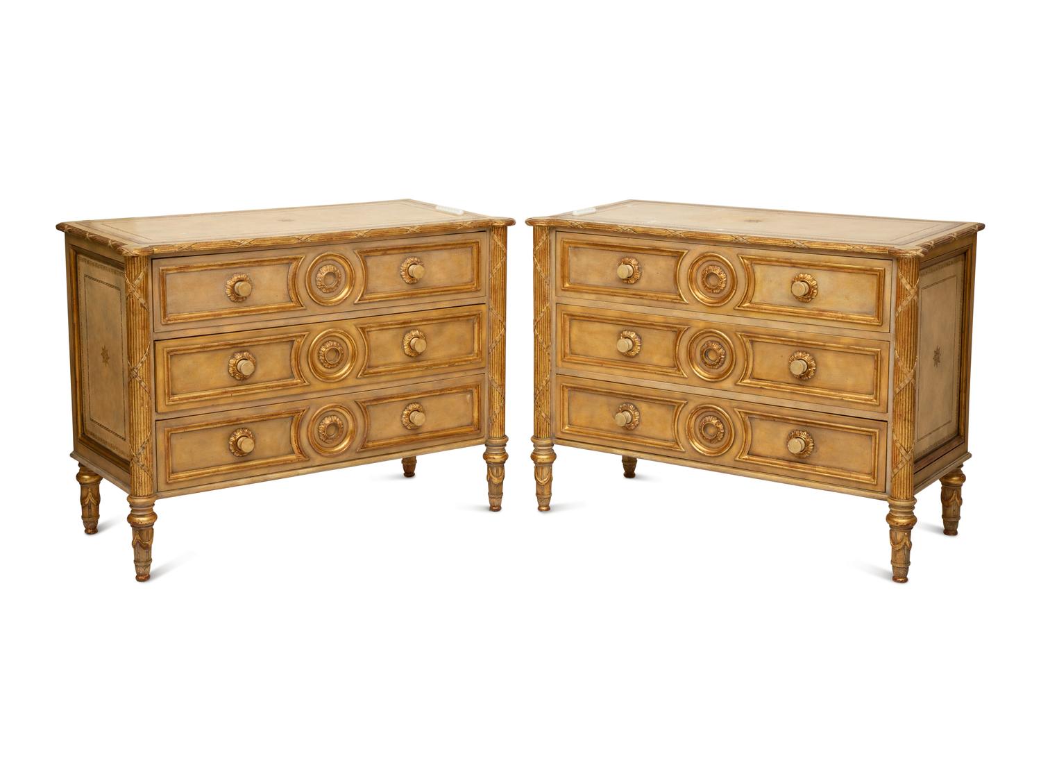 A Pair of Louis XVI Style Painted and Parcel Gilt Commodes — 20th Century