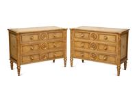 A Pair of Louis XVI Style Painted and Parcel Gilt Commodes — 20th Century