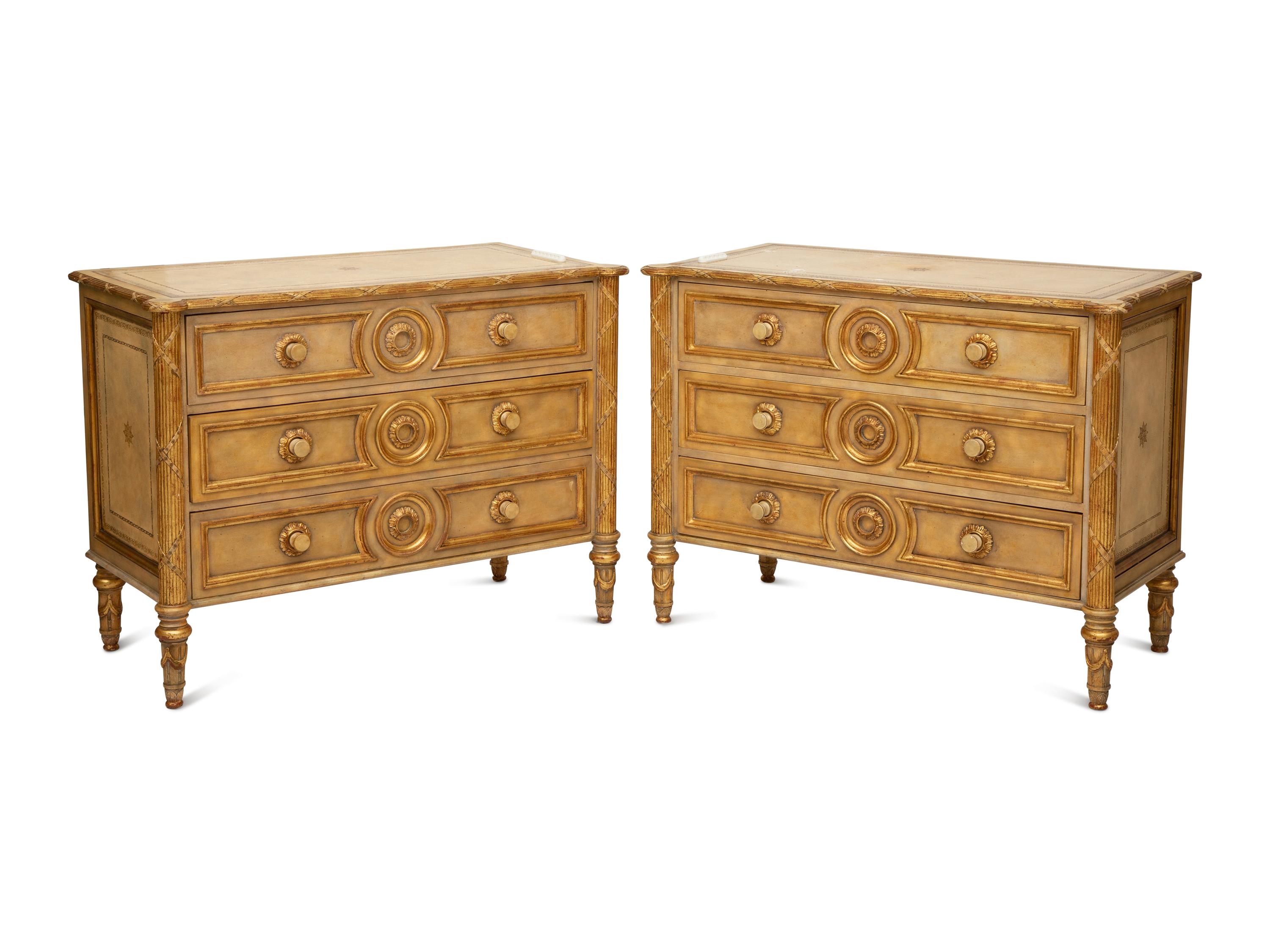 A Pair of Louis XVI Style Painted and Parcel Gilt Commodes — 20th Century