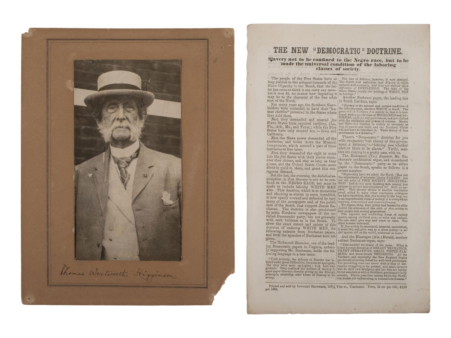 [ABOLITION]. 2 items related to anti-slavery politicians John C. FREMONT & Thomas W. HIGGINSON.