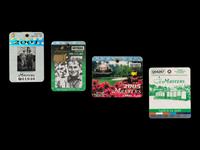 A Group of Four Tiger Woods Augusta National Masters Championship Badges (2001, 2002, 2005, 2019)