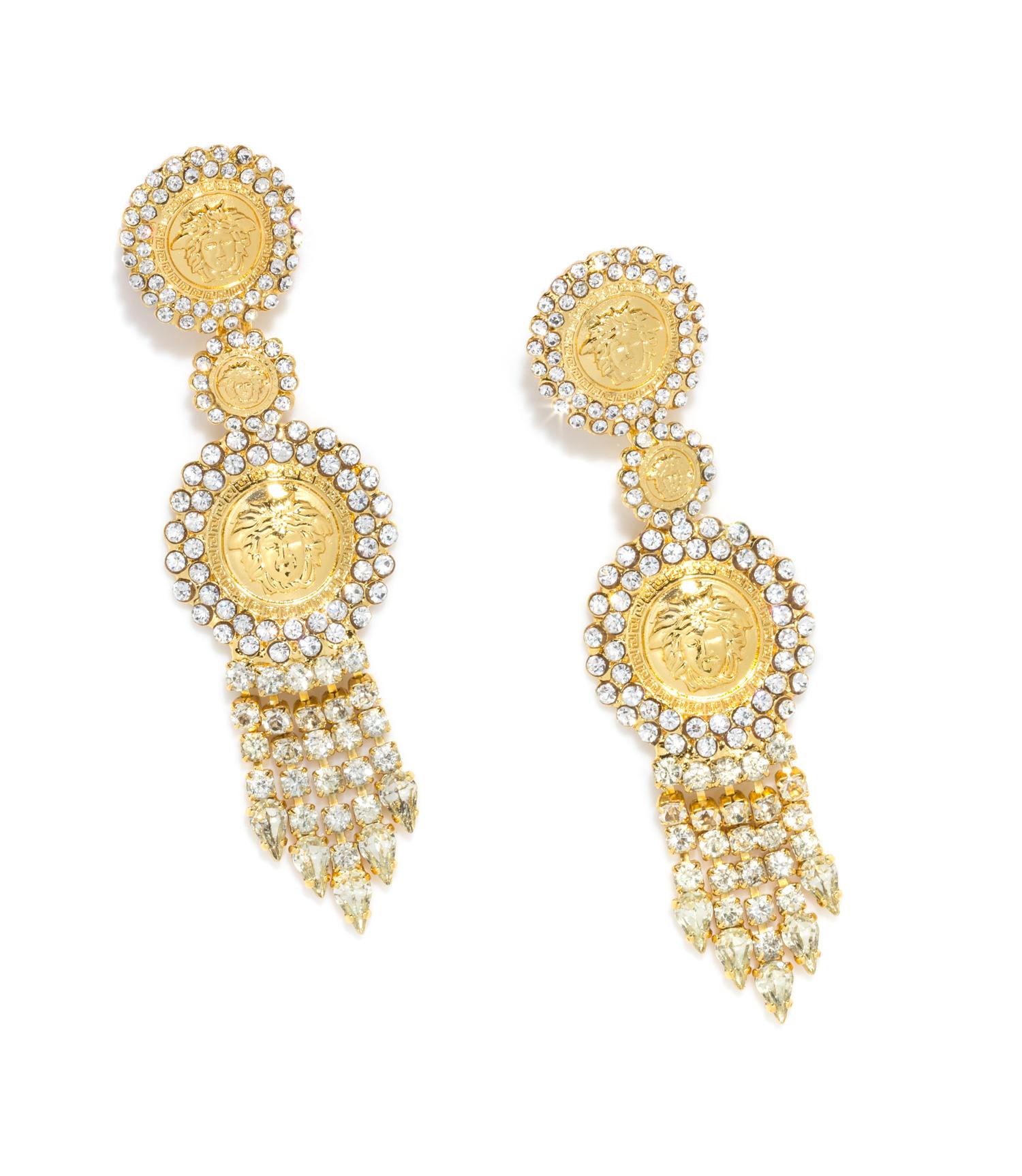 A Pair of Gianni Versace Medusa and Rhinestone Fringe Earclips, Medallions: 1.25" and 1.5" diameters; Drop: 4.75".