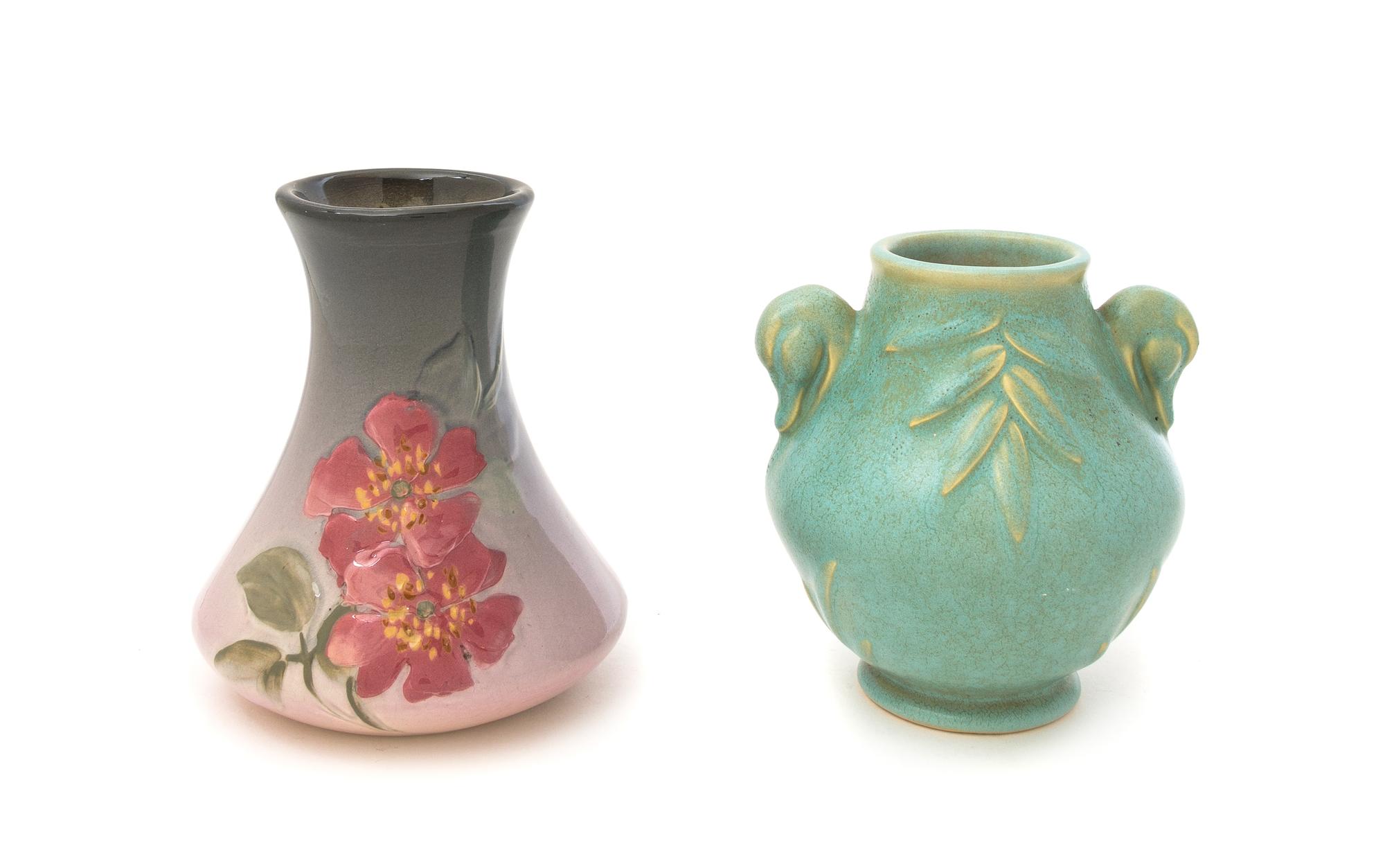 Two Weller Pottery Vases Height of first 5 3/4 inches.