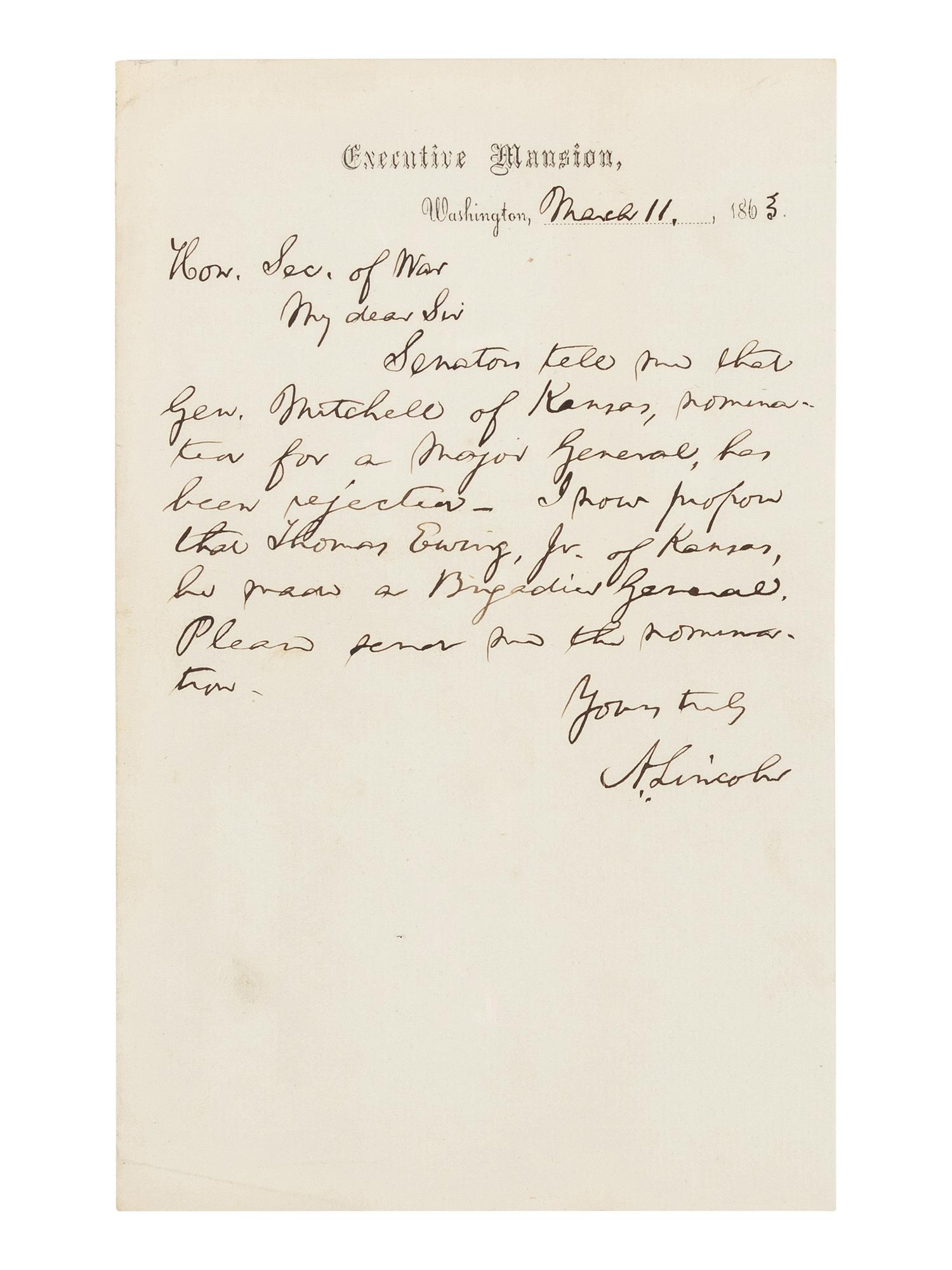 LINCOLN, Abraham (1809-1865). Autograph letter signed ("A. Lincoln") to Secretary of War Edwin M. Stanton. Executive Mansion, Washington, D.C., 11 March 1863.