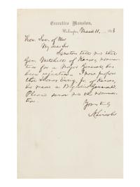 LINCOLN, Abraham (1809-1865). Autograph letter signed ("A. Lincoln") to Secretary of War Edwin M. Stanton. Executive Mansion, Washington, D.C., 11 March 1863.