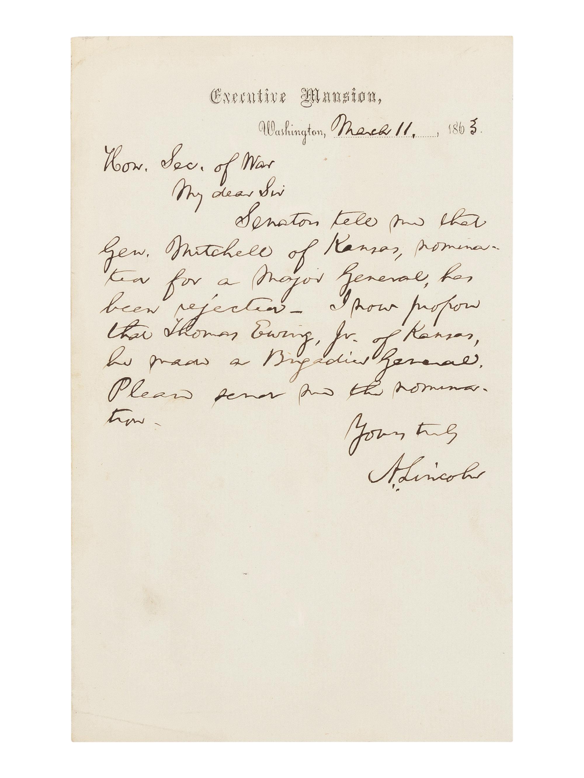 LINCOLN, Abraham (1809-1865). Autograph letter signed ("A. Lincoln") to Secretary of War Edwin M. Stanton. Executive Mansion, Washington, D.C., 11 March 1863.