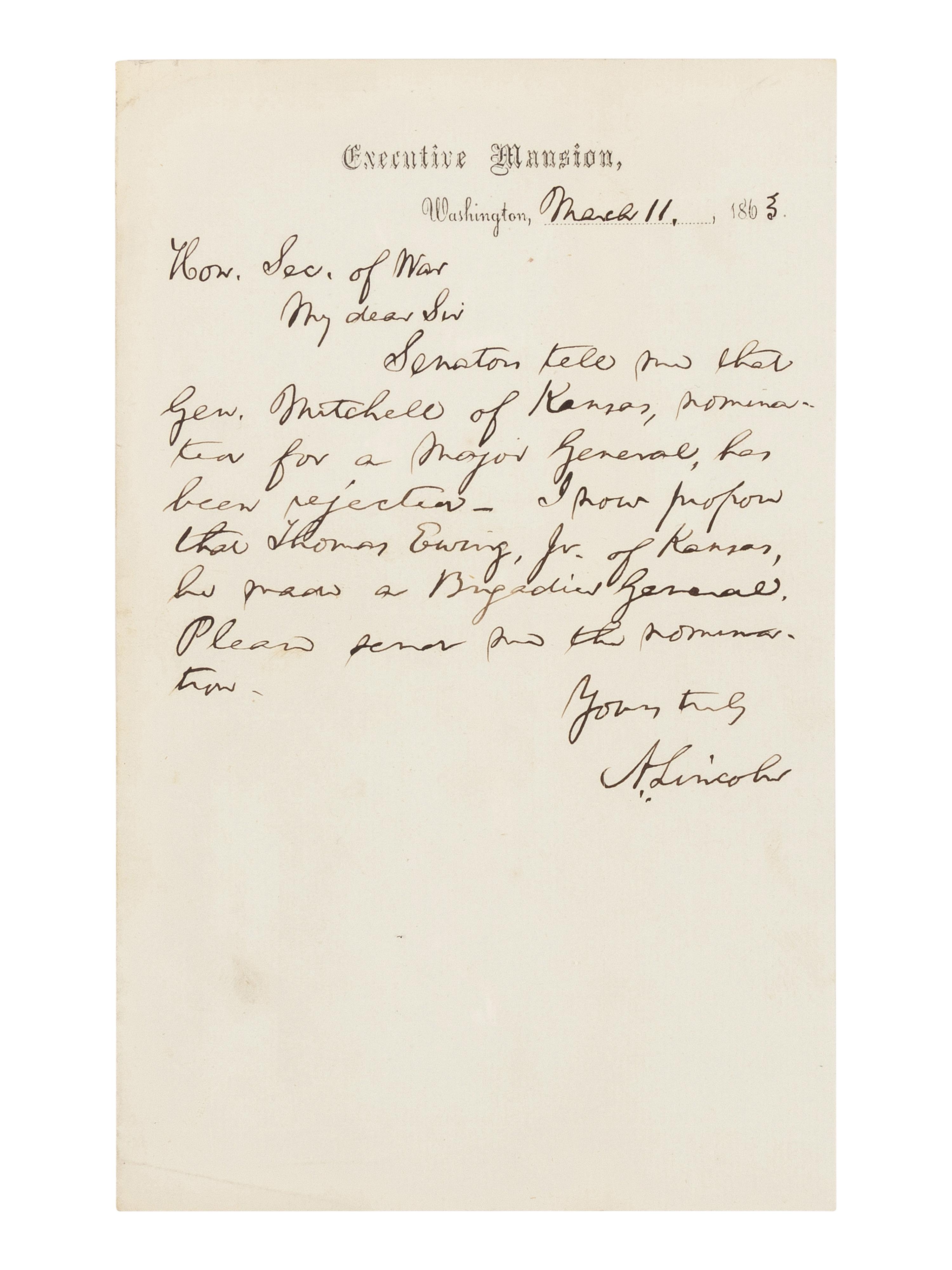 LINCOLN, Abraham (1809-1865). Autograph letter signed ("A. Lincoln") to Secretary of War Edwin M. Stanton. Executive Mansion, Washington, D.C., 11 March 1863.
