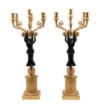 A Pair of Empire Style Gilt and Patinated Metal Six-Light Figural Candelabra