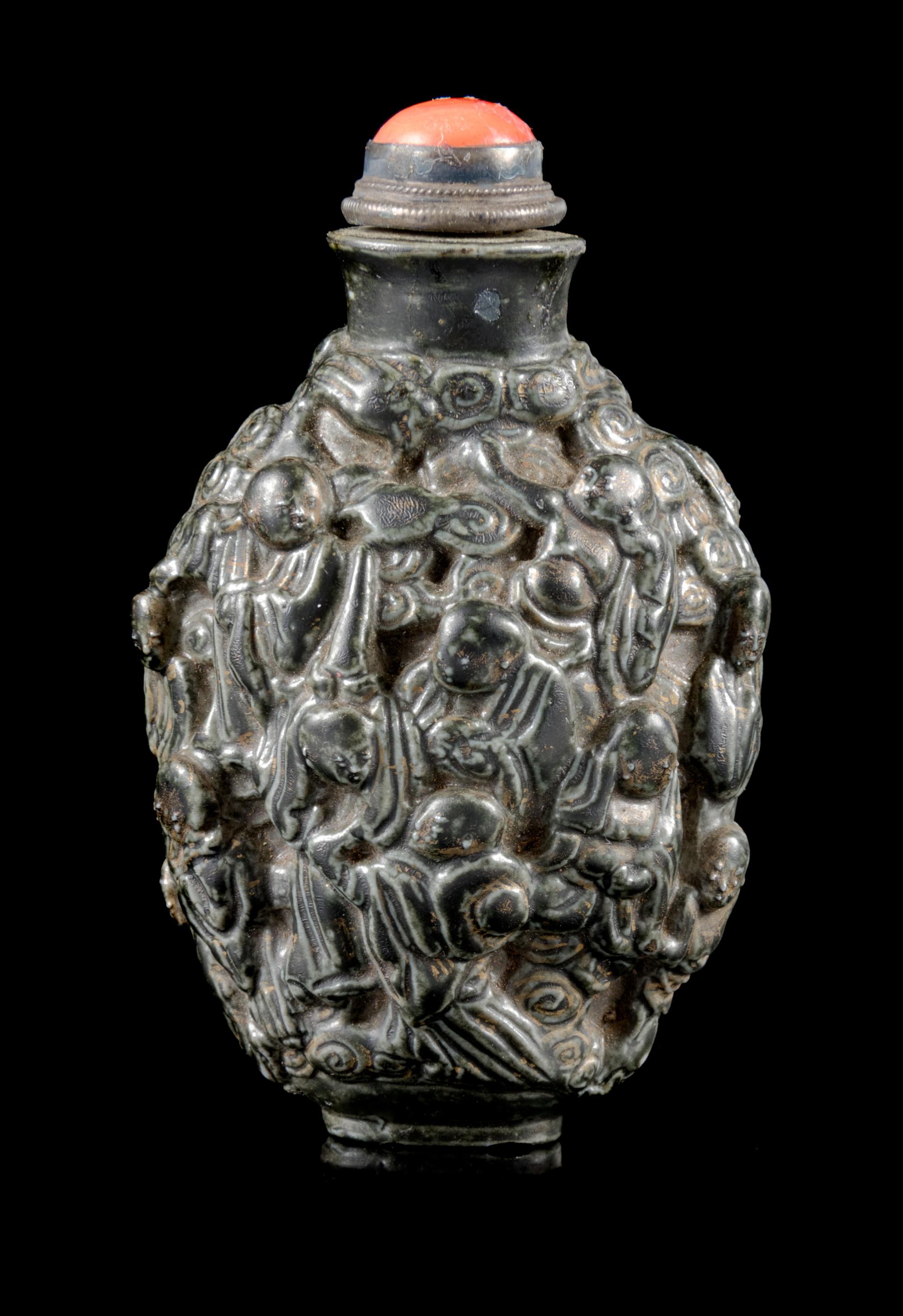 A Gilt and Grey Glazed Molded Porcelain Snuff Bottle Height 3 1/4 inches. — 18TH/19TH CENTURY