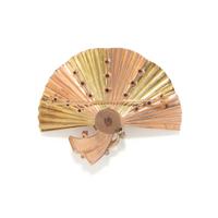RETRO, TRICOLOR GOLD, RUBY, AND DIAMOND FAN BROOCH