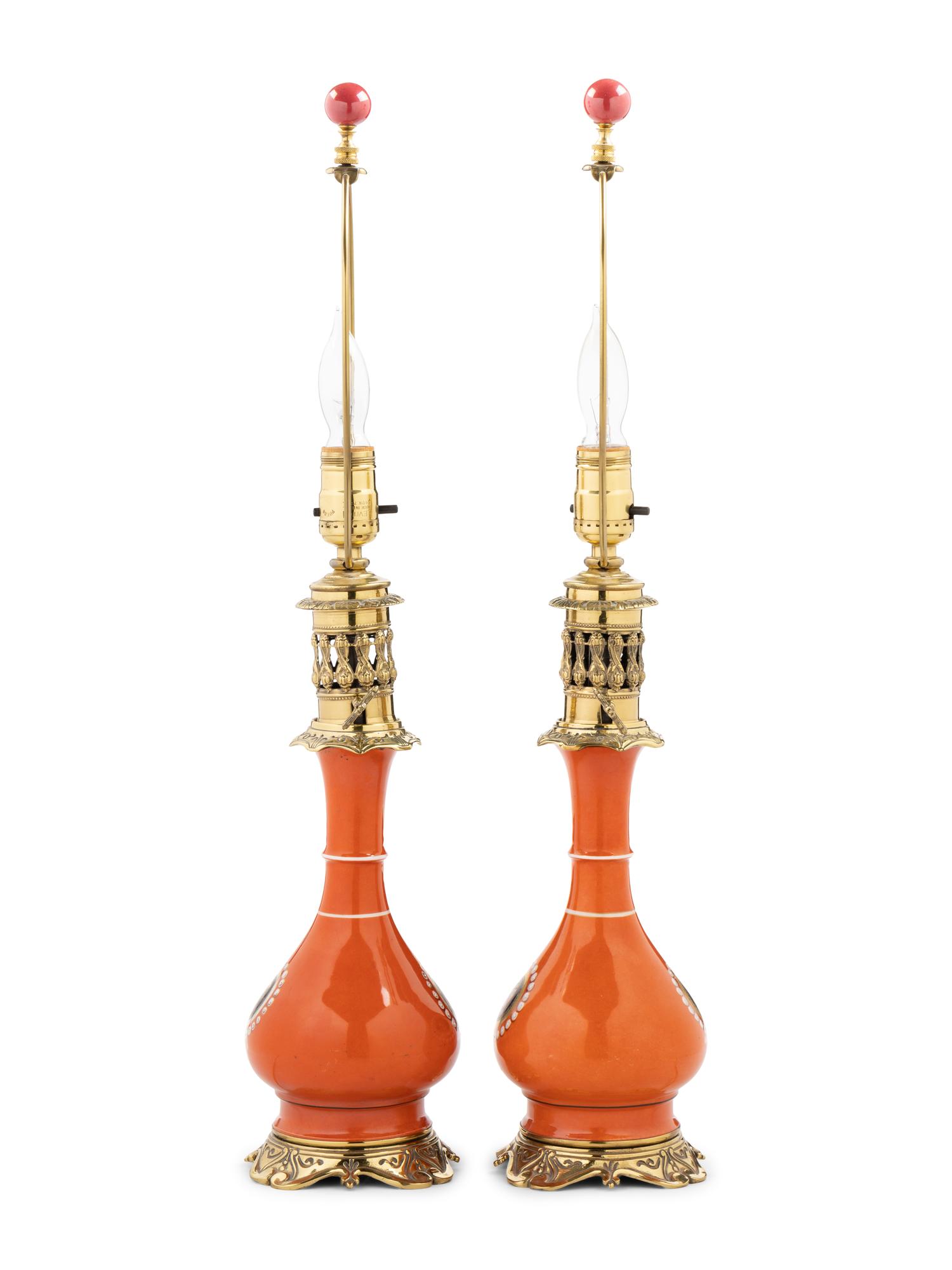 A Continental Painted Porcelain Fluid Lamp