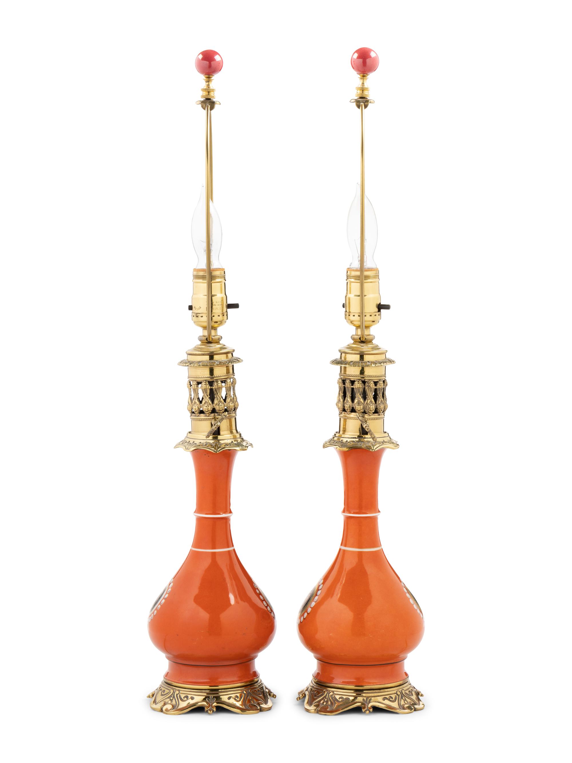 A Continental Painted Porcelain Fluid Lamp
