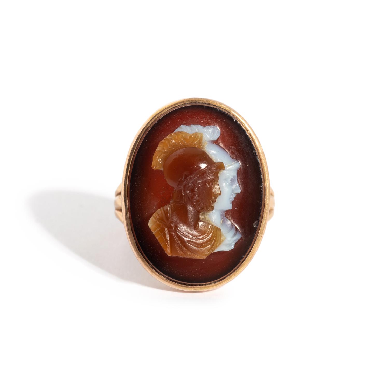 A Neoclassical Sardonyx Cameo and Gold Finger Ring with a Double Portrait