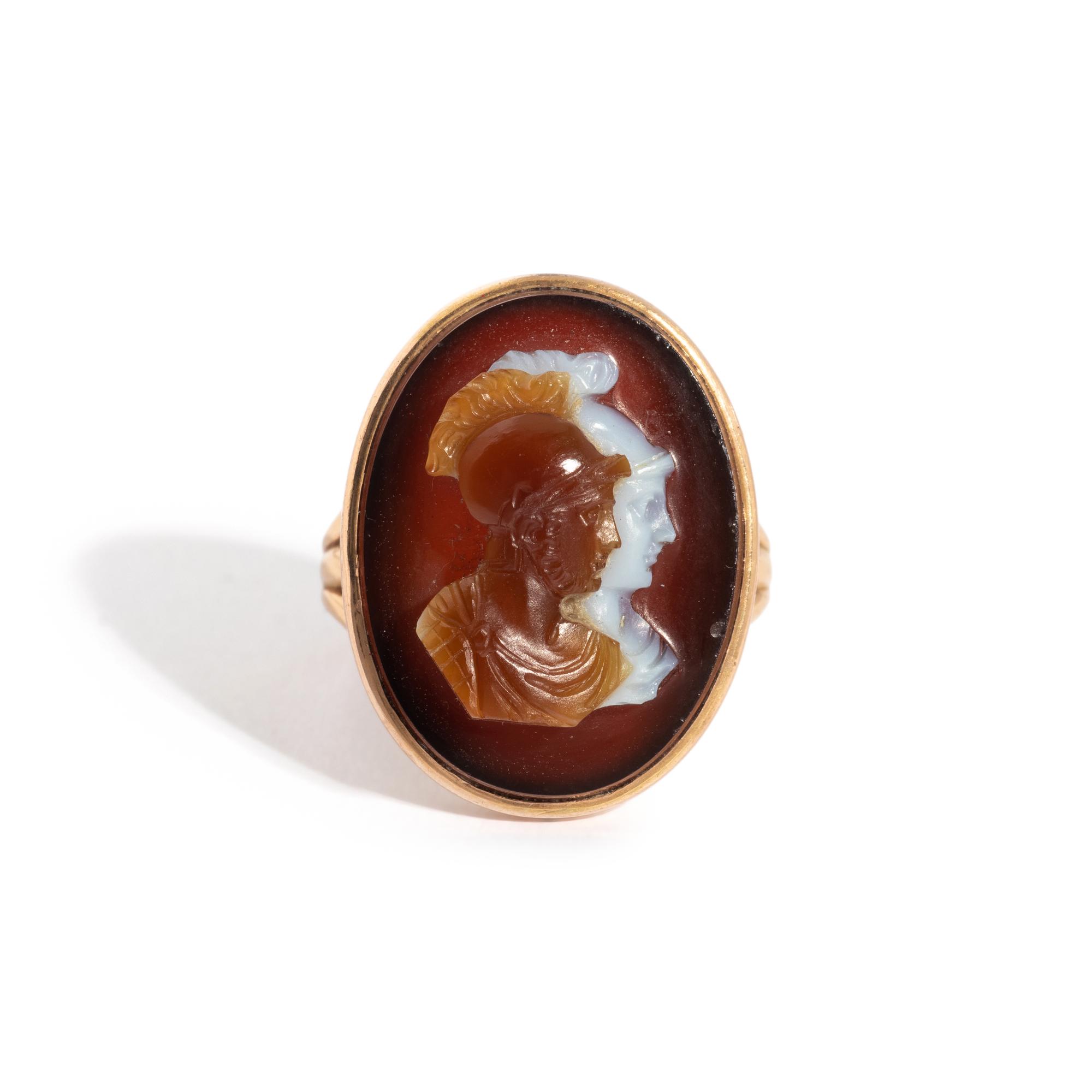 A Neoclassical Sardonyx Cameo and Gold Finger Ring with a Double Portrait