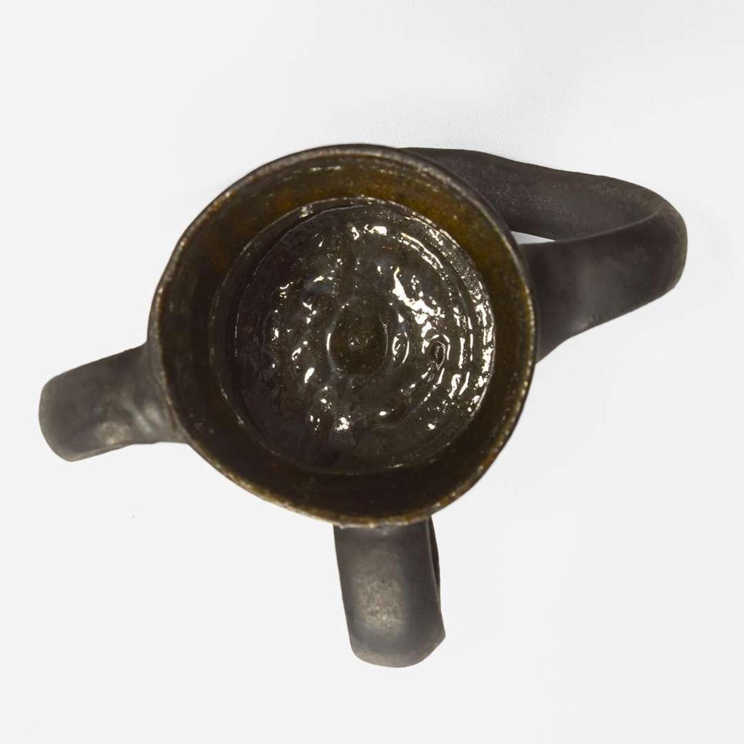 George Ohr (American, 1857-1918) Three-Handled Mug in Matte Gunmetal Glaze with Streaky Olive Interior, Biloxi, Mississippi, USA, circa 1898-1910