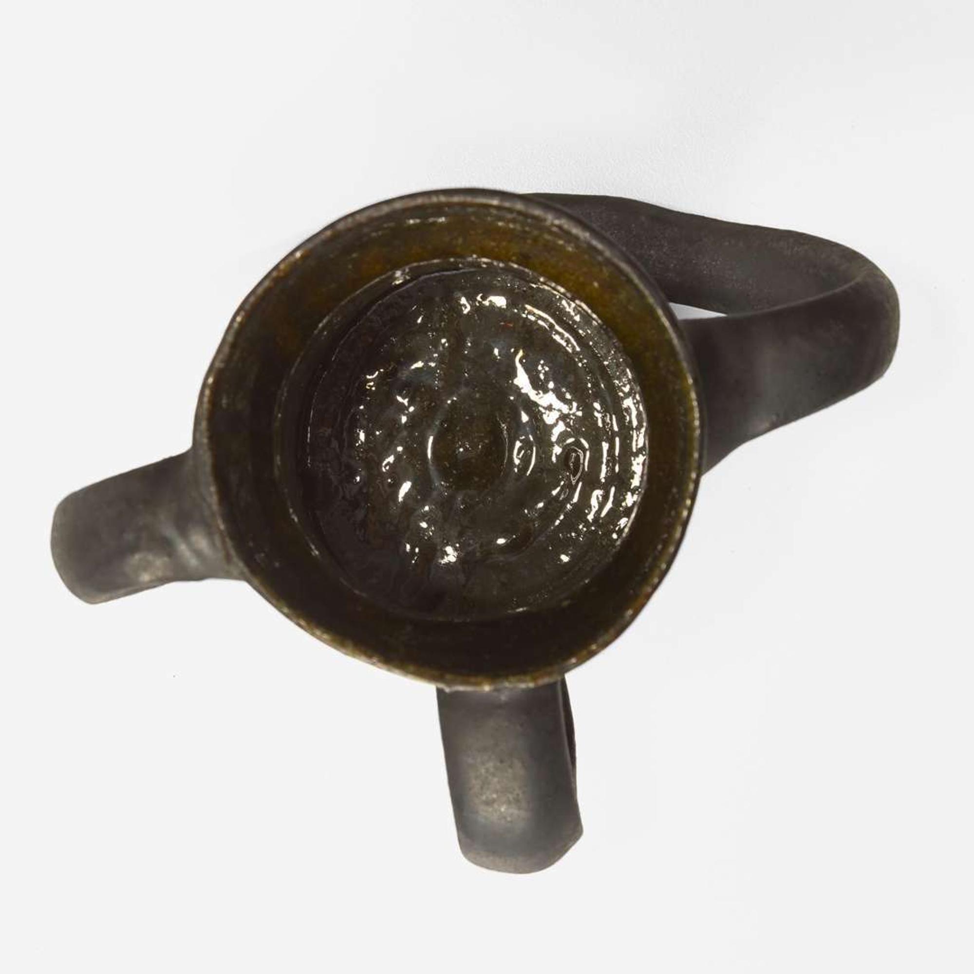 George Ohr (American, 1857-1918) Three-Handled Mug in Matte Gunmetal Glaze with Streaky Olive Interior, Biloxi, Mississippi, USA, circa 1898-1910