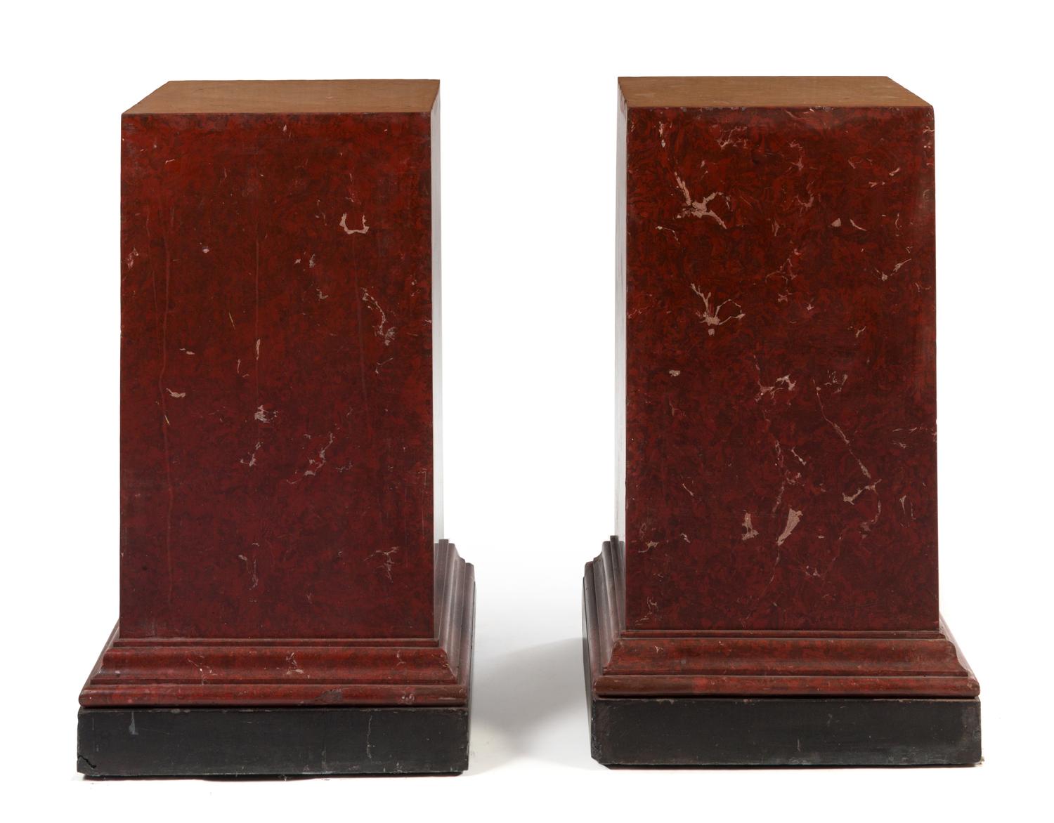 A Pair of Marble Pedestals Height 30 1/4 x width of top 14 1/2 x depth of top 14 1/2 inches.