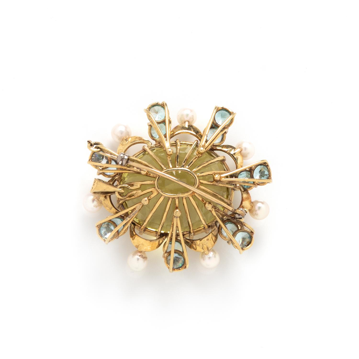 LEMON QUARTZ, BLUE ZIRCON, AND CULTURED PEARL PENDANT/BROOCH