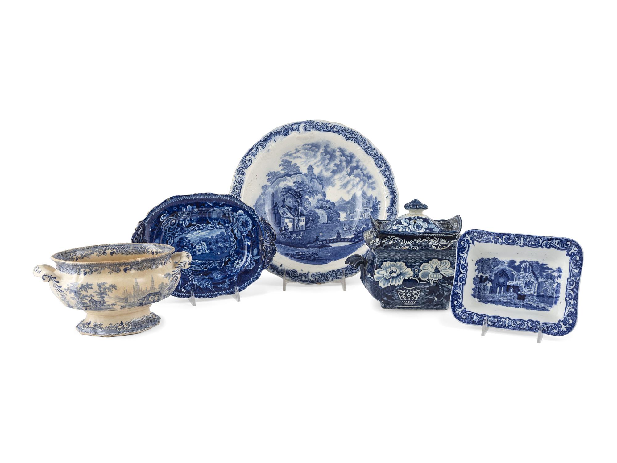 A Group of Blue and White Staffordshire Tableware