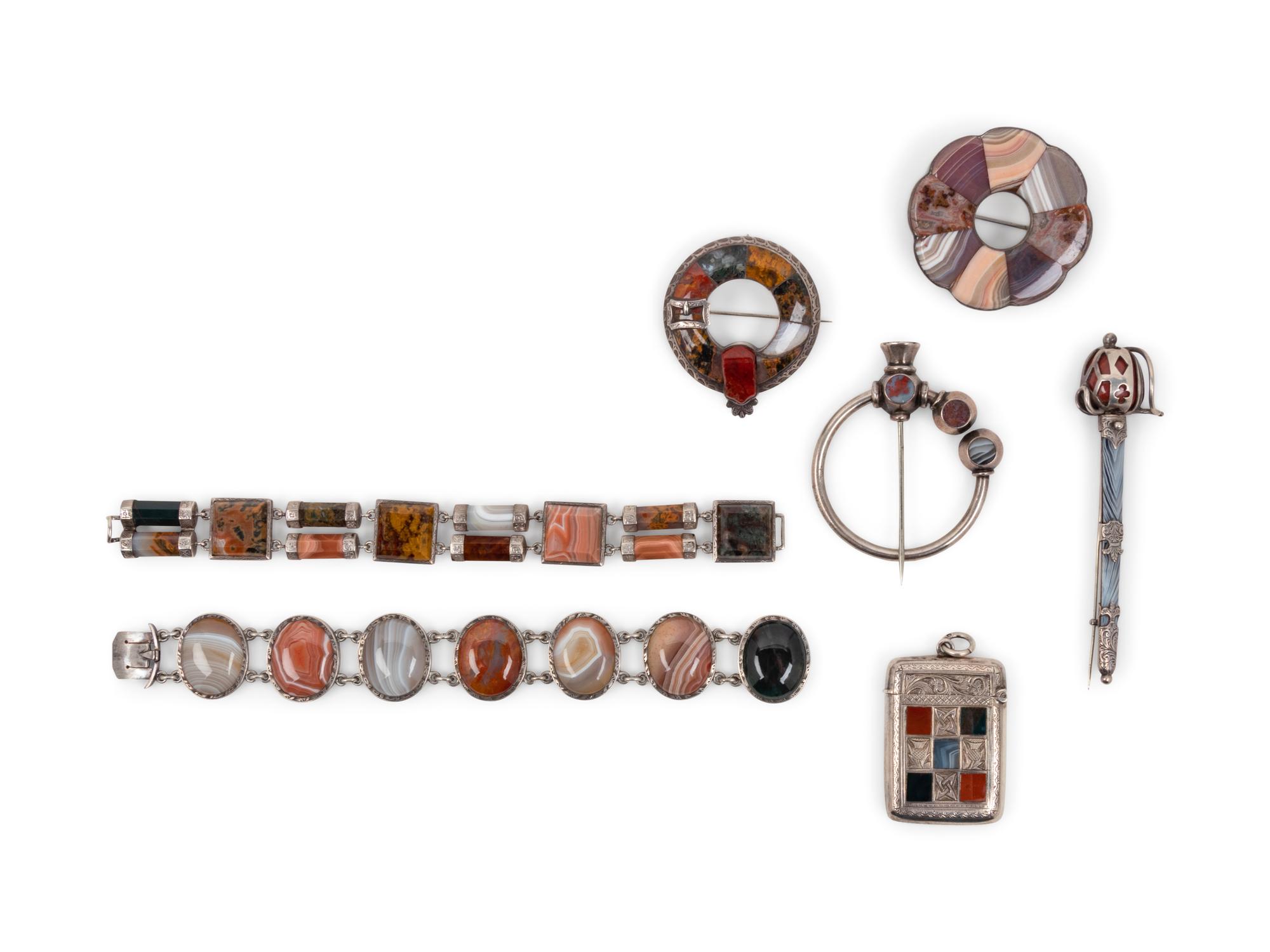 A Group of Seven Indian Stone-Inset Silver Jewelry Articles
