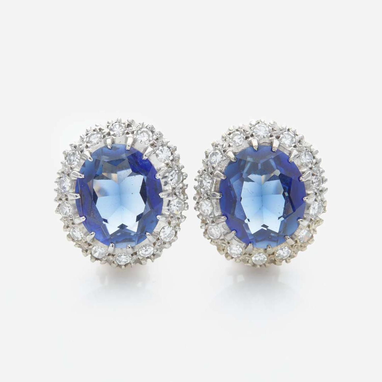 A Pair of 14K Yellow Gold, Diamond, and Sapphire Earrings