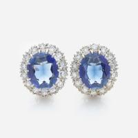 A Pair of 14K Yellow Gold, Diamond, and Sapphire Earrings