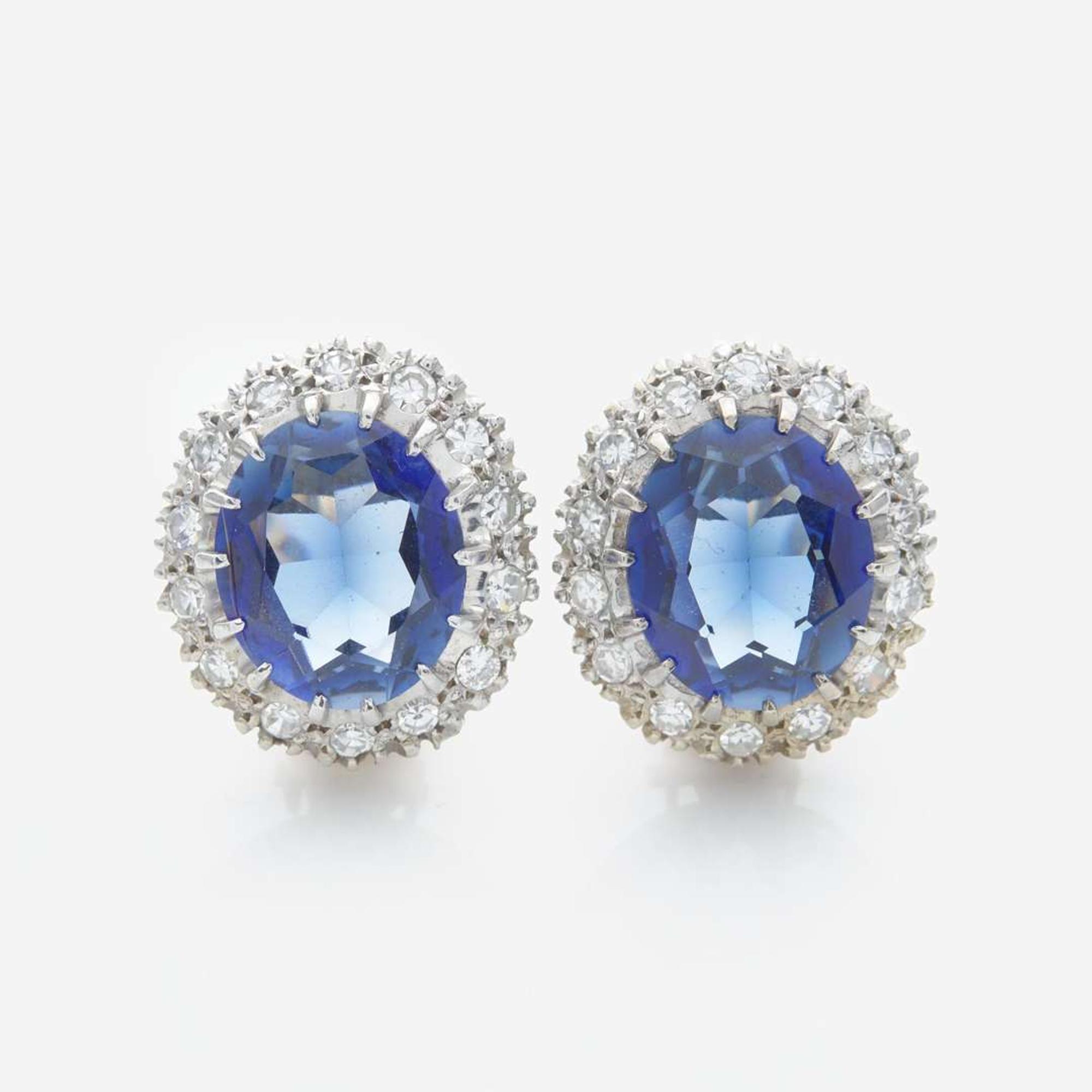 A Pair of 14K Yellow Gold, Diamond, and Sapphire Earrings