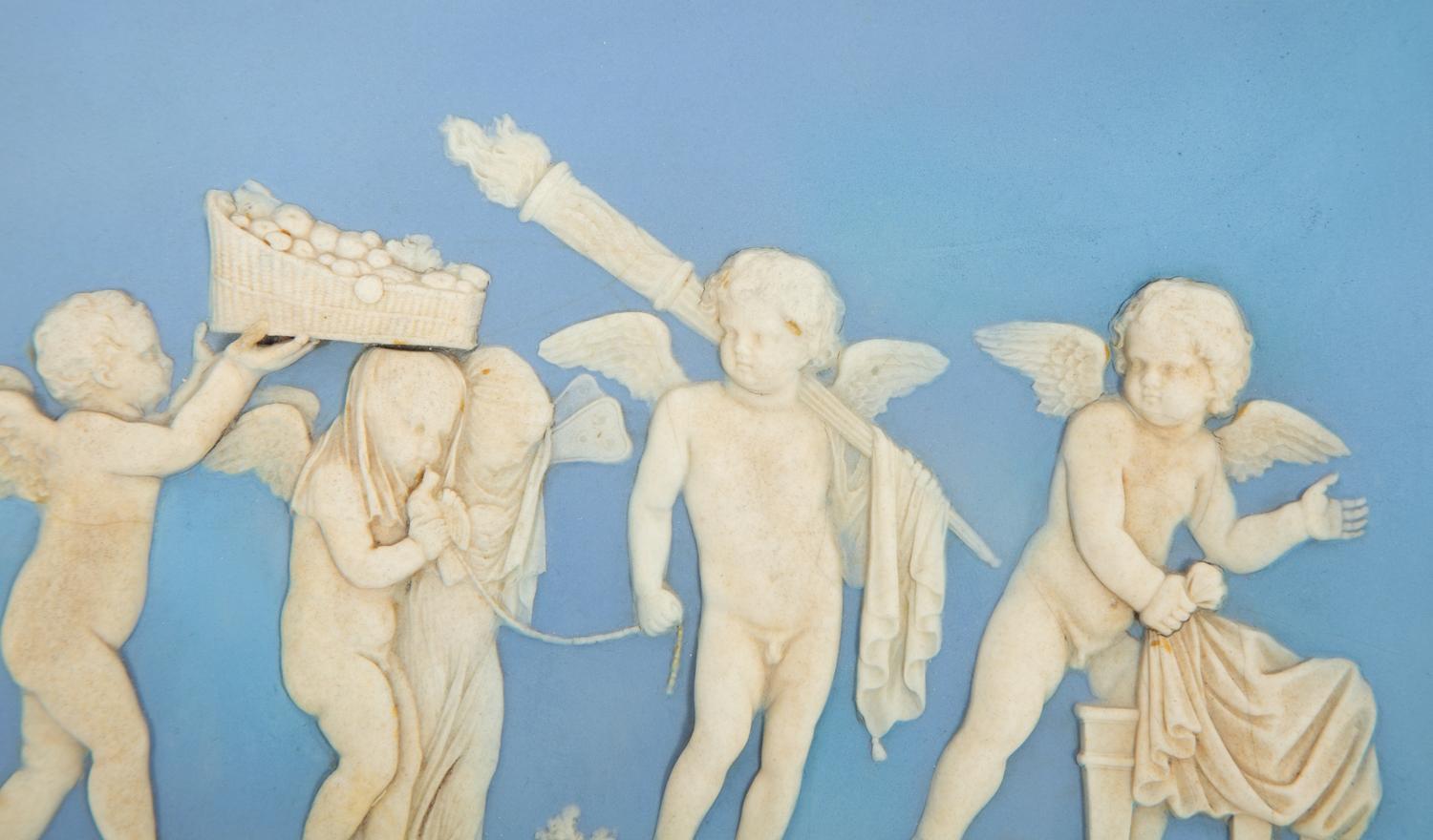 A Pair of Wedgwood Blue Jasperware Plaques The Marriage of Cupid and Psyche and Sacrifice to Hymen