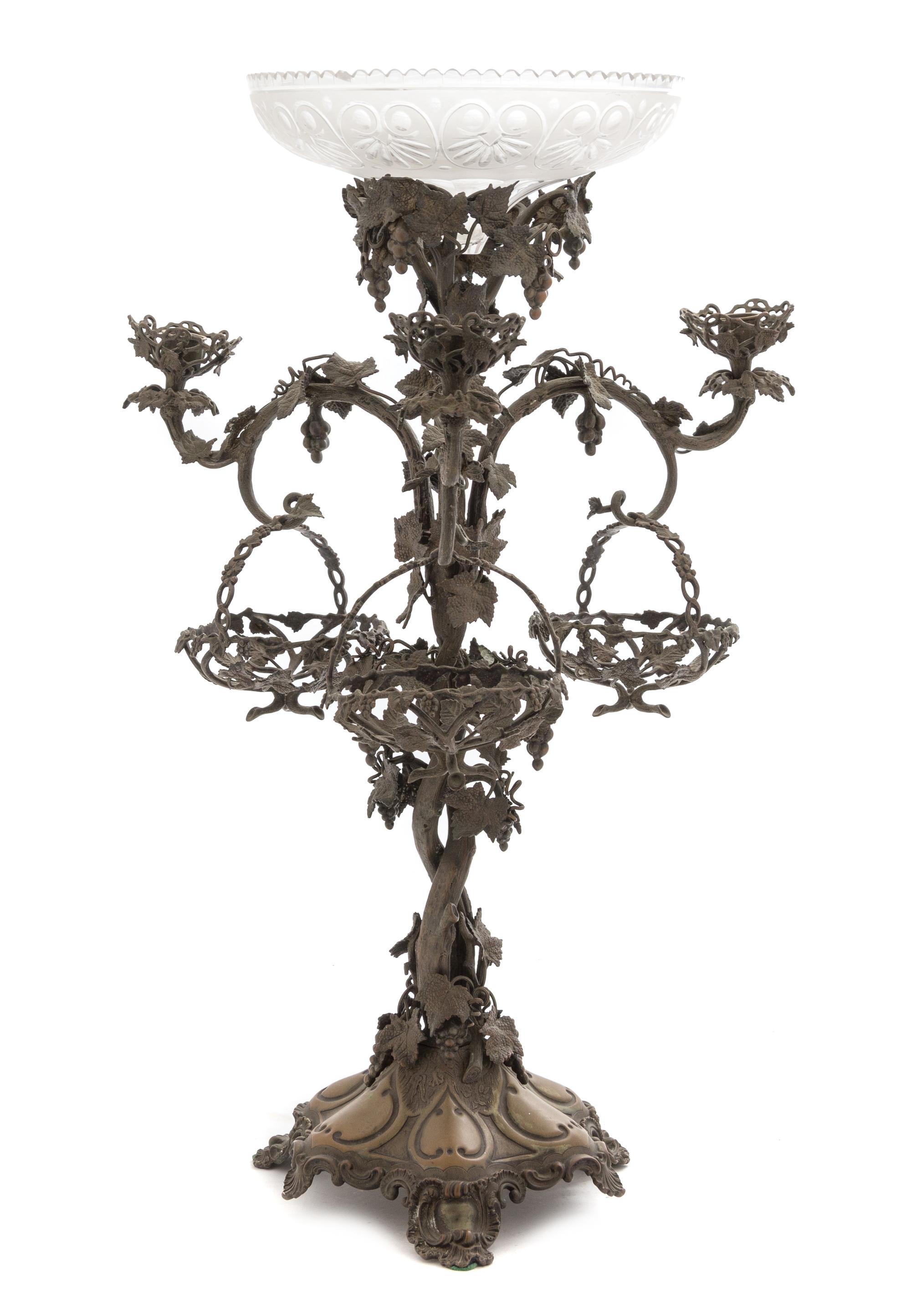 A Victorian Cast Metal and Cut Glass Epergne Height 27 inches.