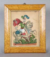 A Metallic Collage Depicting Saint George and the Dragon, Height 14 1/2 x width 12 1/2 inches with frame.