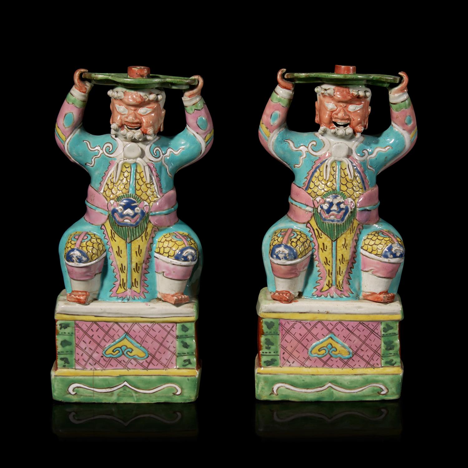 A Pair of Chinese Export Famille Rose "Foreign Warriors" Candle Holders, Qianlong-Jiaqing Period 清乾隆-嘉慶 外銷粉彩胡人像燭臺一對