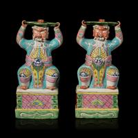 A Pair of Chinese Export Famille Rose "Foreign Warriors" Candle Holders, Qianlong-Jiaqing Period 清乾隆-嘉慶 外銷粉彩胡人像燭臺一對