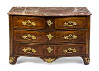 A Regence Style Parquetry and Gilt Metal Mounted Commode, Height 31 1/2 x width 49 1/2 x depth 27 3/4 inches.