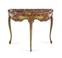 A Louis XV Style Painted and Parcel Gilt Marble-Top Console Table