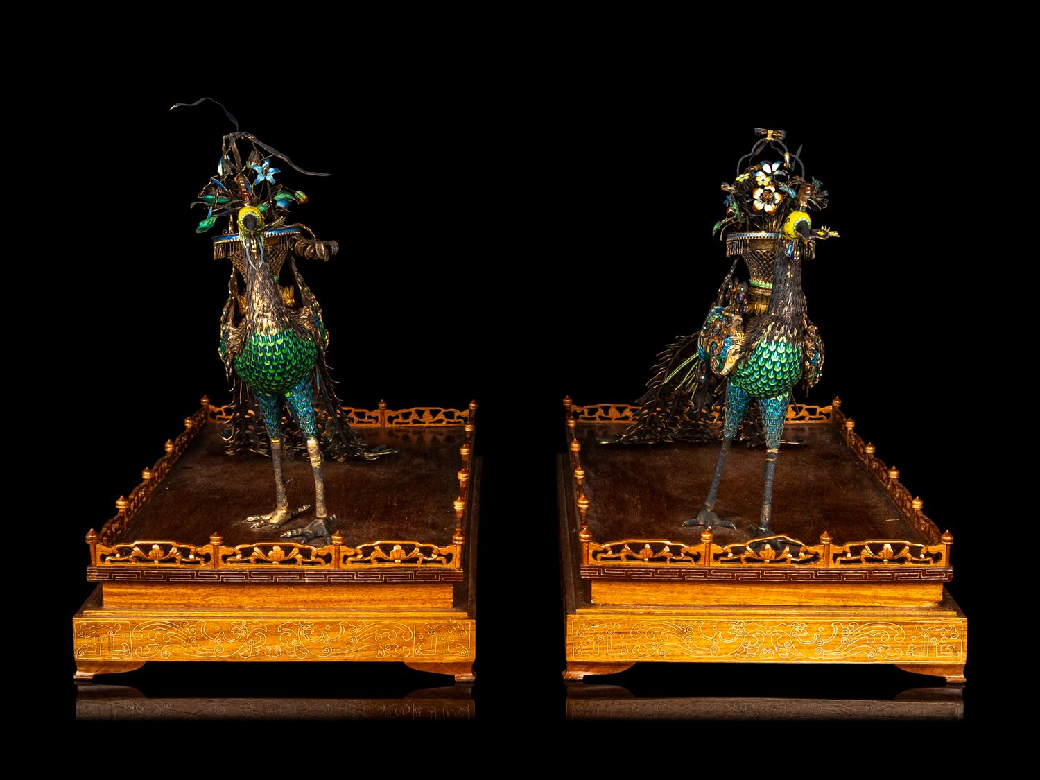 A Pair of Chinese Export Embellished Silver Filigree Figure of Phoenix