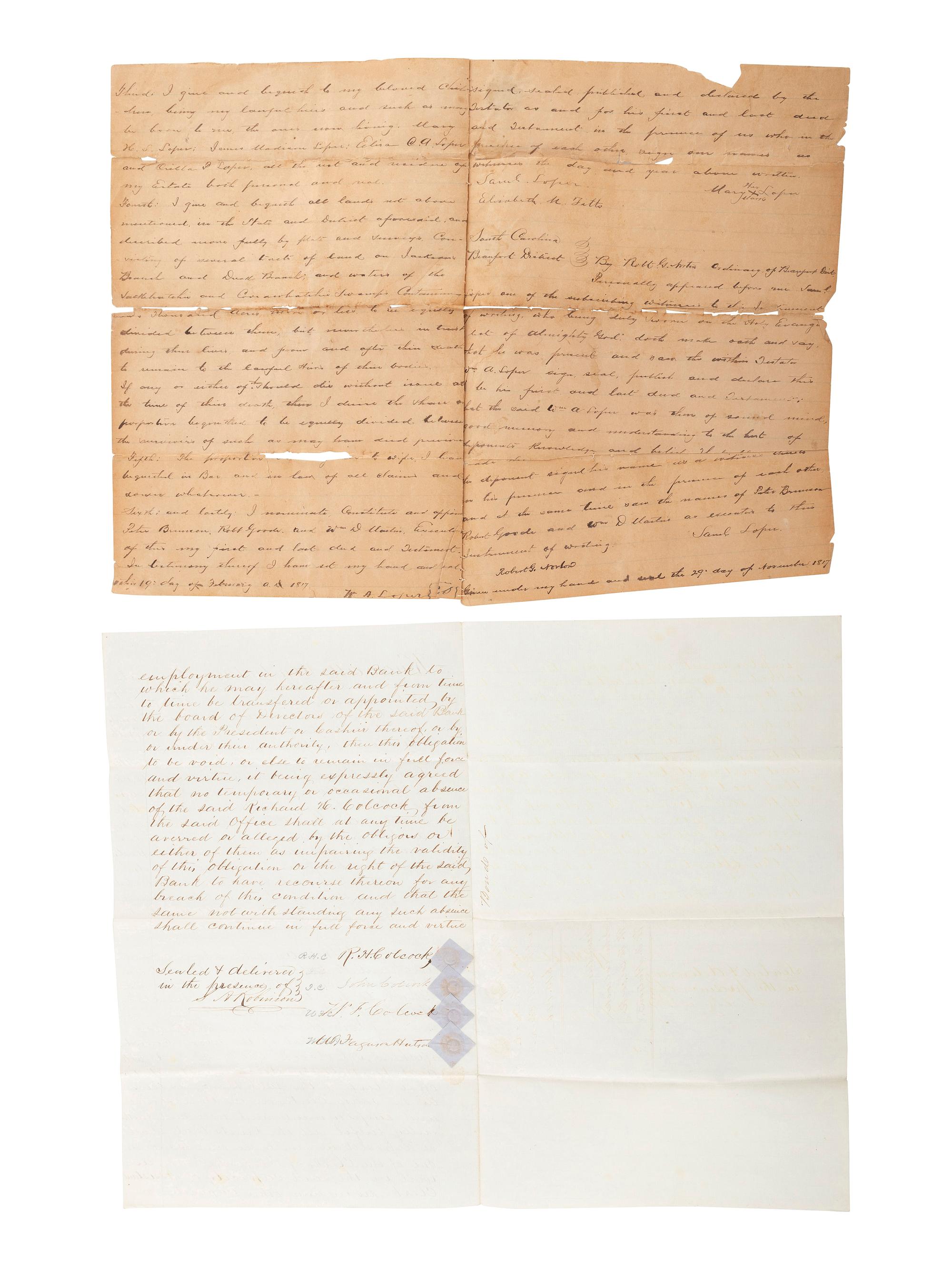[SLAVERY & ABOLITION]. Manuscript deed of trust bequeathing seven enslaved men, women, and their children. Beaufort District, SC, 19 February 1817.