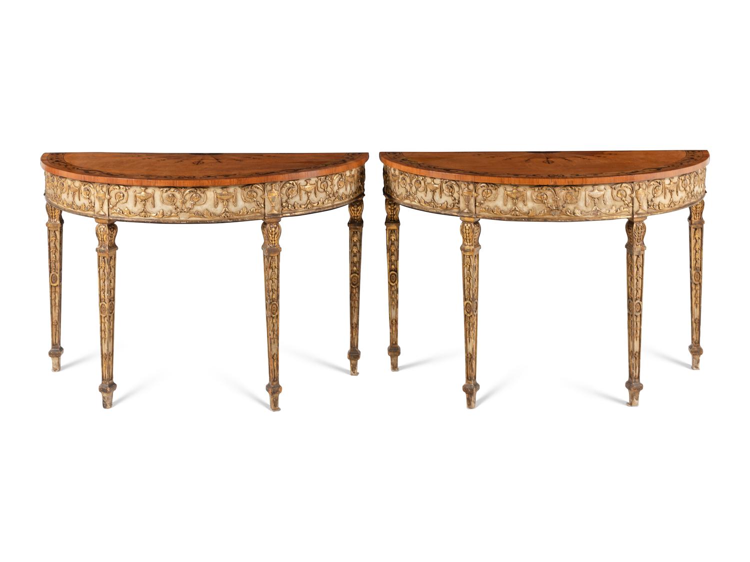 A Pair of George III Style Satinwood, Marquetry, Painted, and Parcel Gilt Demilune Console Tables