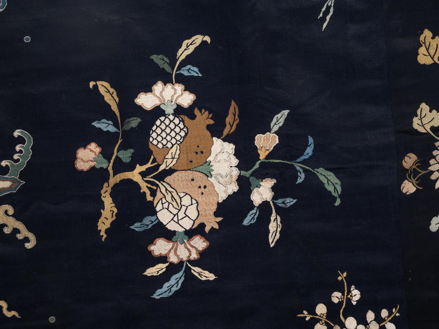 Two Chinese Blue Ground Embroidered Silk Panels