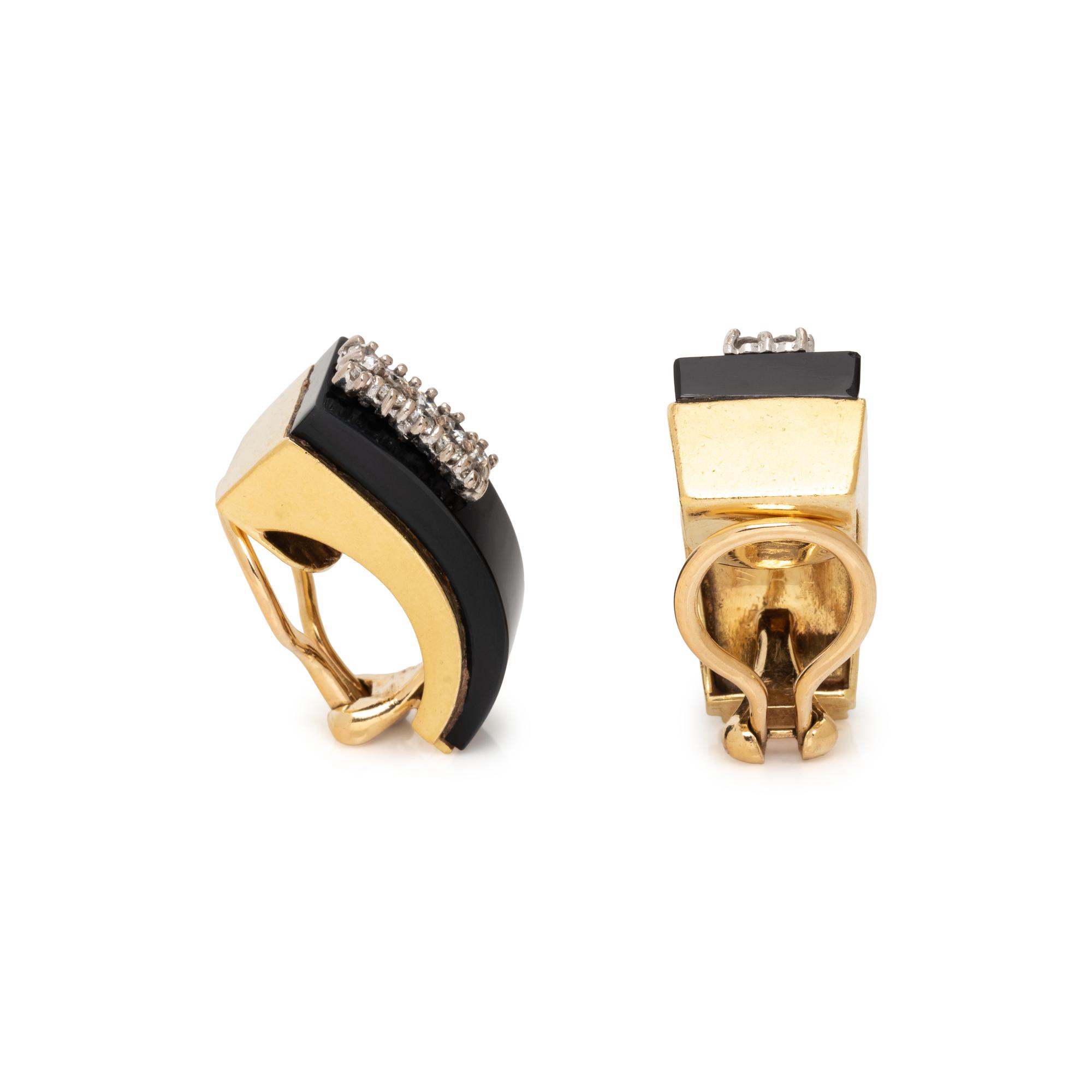 BIRKS, ONYX AND DIAMOND EARCLIPS