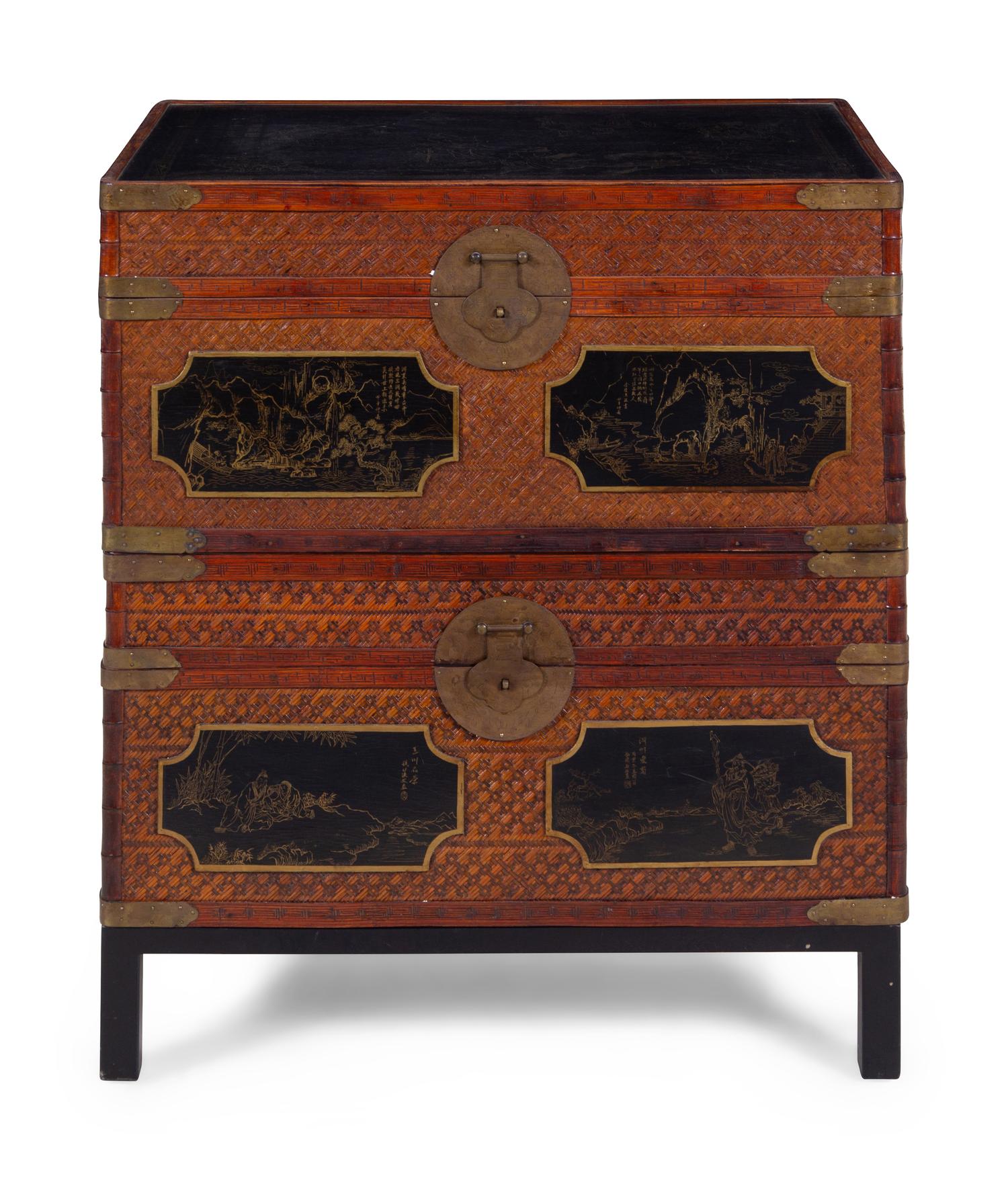 Two Chinese Export Lacquered and Woven Rattan Stackable Chests on Stand