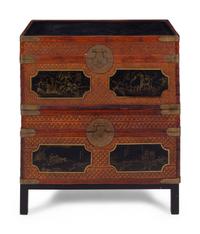 Two Chinese Export Lacquered and Woven Rattan Stackable Chests on Stand