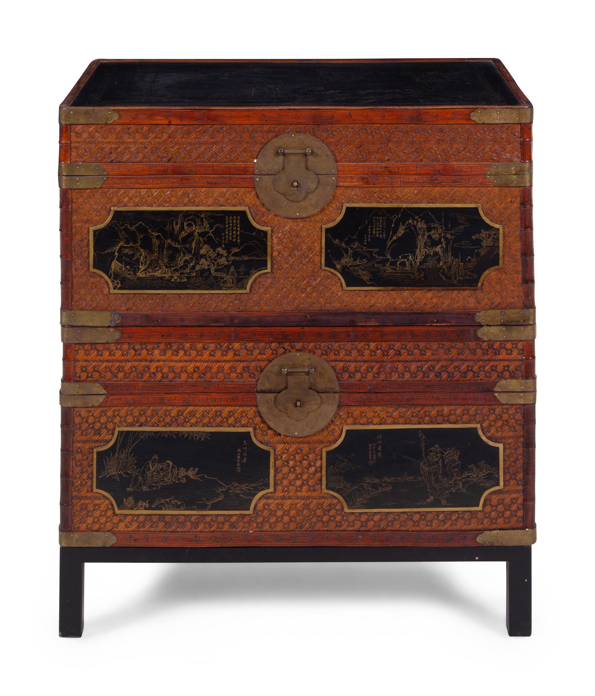 Two Chinese Export Lacquered and Woven Rattan Stackable Chests on Stand