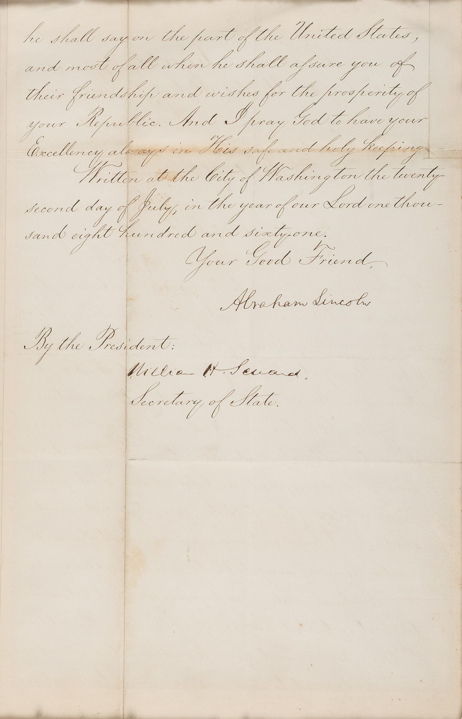 LINCOLN, Abraham (1809-1865) and William H. SEWARD (1801-1872). Document signed ("Abraham Lincoln"; "William H. Seward"), as President and Secretary of State, to the President of the Republic of Chile. Washington, D.C., 33 July 1861.