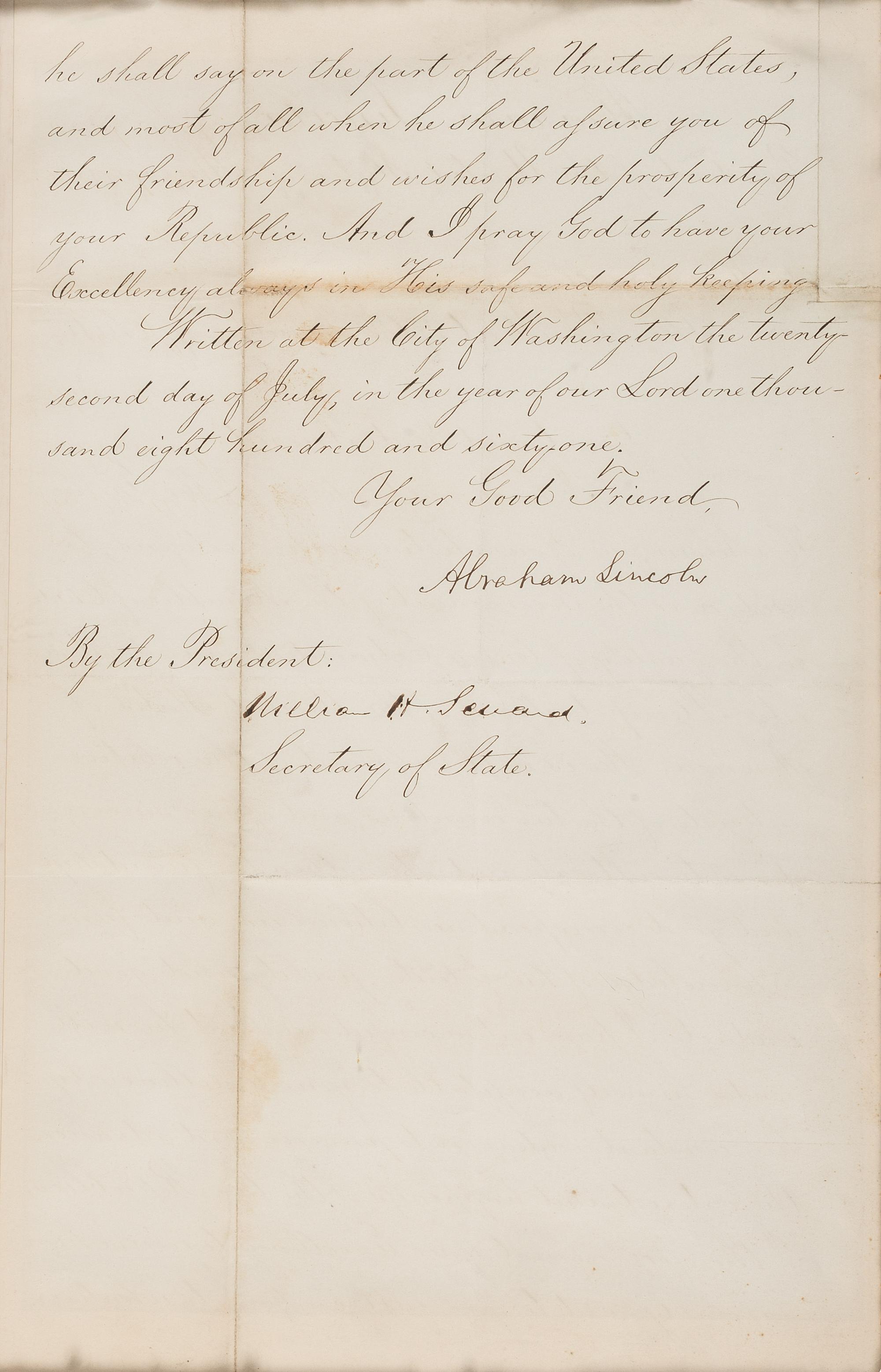 LINCOLN, Abraham (1809-1865) and William H. SEWARD (1801-1872). Document signed ("Abraham Lincoln"; "William H. Seward"), as President and Secretary of State, to the President of the Republic of Chile. Washington, D.C., 33 July 1861.